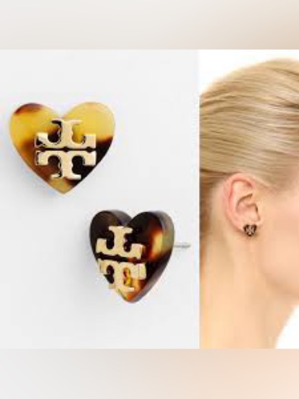 Tory Burch Tortoiseshell Heart Logo Stud Earrings - Tortoise & Gold